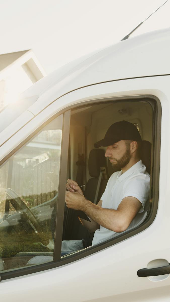 Delivery Man with Beard Riding a White Van